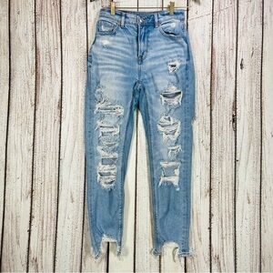 American Eagle Jeans Womens Size 0 Blue Mom Mid Rise Distressed Denim